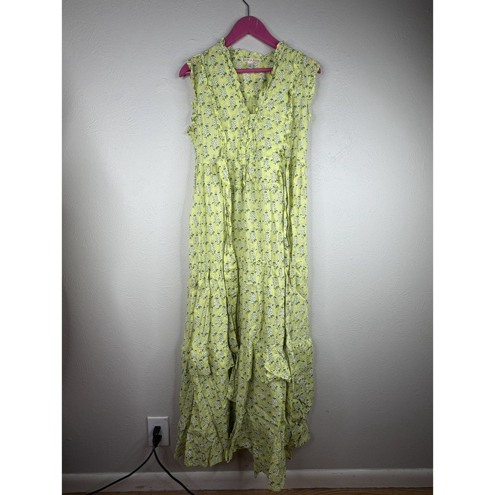 Banjanan Cordelia XS Floral Tiered Ruffle Midi Dress Cotton Yellow White Fall